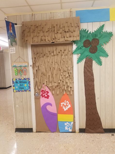 Beach Hallway Ideas School, Tropical Hallway Decor School, Classroom Door Beach Theme, Beach Theme School Spirit, Beach Day Decorations School, Beach Classroom Door Ideas, Beach Themed Hallway Decor School, Office Beach Theme, Tiki Hut Classroom Door