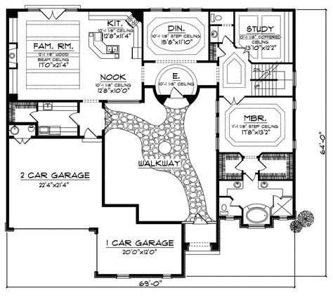 Attractive Inner Courtyard leads to an enticing round entry - Plan #051D-0350 | houseplansandmore.com Desert Yard, Courtyard Homes, Santa Fe Style Homes, Courtyard Houses, Shaped House, Enclosed Garden, Arizona Backyard, Garden Court, Modern Courtyard