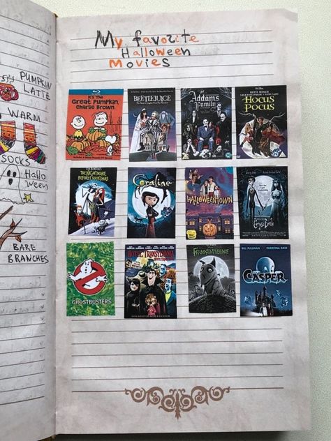 Halloween Diary Ideas, Journal Halloween Ideas, Spooky Journal Ideas, Fav Movies Journal, Halloween Sketchbook Ideas, Halloween Journal Pages, Journal Ideas Movies, Halloween Scrapbook Pages, Journal Ideas Halloween