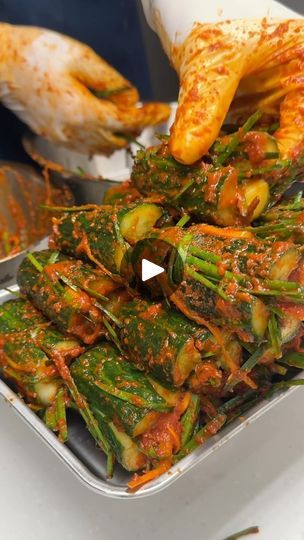 5.9M views · 427K reactions | Korean Food Series : Oi Sobagi (stuffed cucumber kimchi)

T = Tablespoon
t = teaspoon

Ingredients

- 1kg Cucumbers
- 2T Salt
- 100g Chives
- 100g Carrots
- 1 Onion
- 50g gochugaru
- 40g Fish sauce
- 3T Minced garlic

How to make

1. Cut 1kg of cucumbers into 8cm lengths (approximately half of a long cucumber).
2. Leaving 2cm at the end uncut, cut the rest into quarters (like squid legs).
3. Sprinkle with 2 tablespoons of salt and let sit at room temperature for 1 hour to pickle.
4. Cut 100g of chives into 1cm pieces, and slice the carrot into thin, long pieces, about 4-5cm long.
5. Blend 1 onion, 3 tablespoons of minced garlic, and 40g of fish sauce in a blender to make a vegetable paste.
6. Mix this with 50g of gochugaru and chive, carrots
7. After 1 hour, r Korean Pickled Cucumber, Cucumber Kimchi, Instagram Korean, Kimchi Recipe, Cucumber Recipes, Pickling Cucumbers, Appetizer Salads, Cooking Show, Fish Sauce