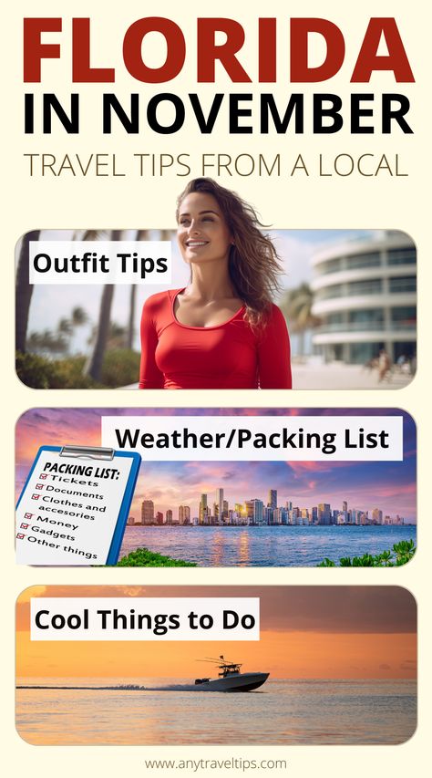 Essential tips when visiting Florida in November: Outfits tips, packing lists, weather (sun, rain, heat), and the best things to do in November! Packing For Florida In November, Florida November Outfits, November Florida Outfits, Florida In November Outfits, Florida Travel Outfits, Winter In Florida Outfits, Things To Do In November, Florida In December, Beach Trip Packing List