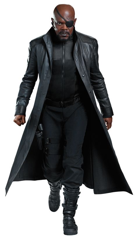 Nick Fury is one of the interlinking characters in the Marvel Cinematic Universe, featured in Iron Man, Iron Man 2, Thor, Captain America: The First Avenger, The Avengers, Captain America: The Winter Soldier, Avengers: Age of Ultron and Avengers: Infinity War. He also guest stars in Agents of S.H.I.E.L.D. television series in two episodes "0-8-4" and "Beginning of the End". He was the Director of S.H.I.E.L.D. prior to its collapse and personally coordinated the The Avenger... Loki Costume, Superhero Costumes, Long Coat Men, Avengers Cast, Captain America Winter Soldier, Avengers Age, Langer Mantel, Nick Fury, Age Of Ultron