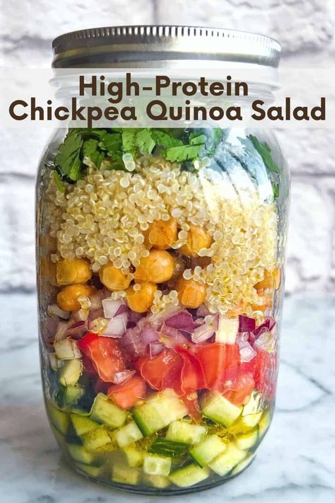 High-Protein Chickpea Quinoa Salad Jars with 35g protein are healthy, easy, and meal prep friendly. 8 ingredients, vegan, and gluten-free. Perfect for a packed lunch, weeknight dinner, picnic, potluck, or barbecue. Healthy Salad Jar Recipes, Meal Prep Quinoa Salad, Meal Prep Lunch Protein, High Protein Jar Salads, Vegan Protein Salad Recipes, Vegan Jar Salads, Meal Prep Vegetarian High Protein, High Protein Lunch Salads, Vegetarian Mason Jar Meals