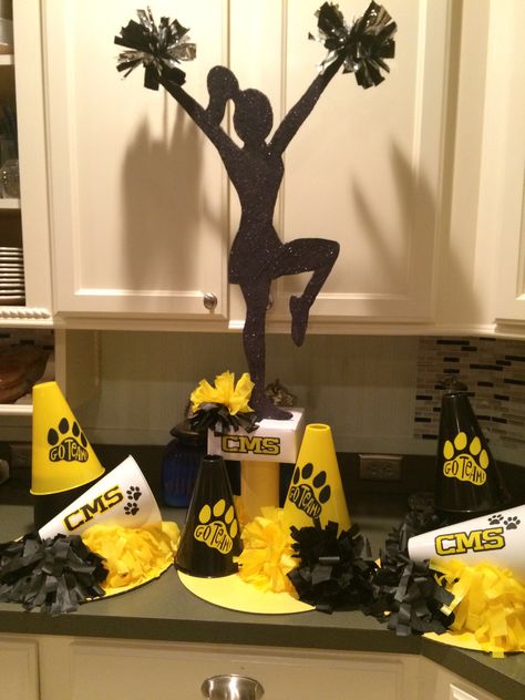 Cheer centerpieces for CMS cheer camp #cheercamp #cheerbling #centerpiece Cheer Megaphone Centerpieces, Cheerleading Centerpieces Banquet Ideas, Cheer Table Decorations, Cheer Table Centerpieces, Cheer Centerpieces Banquet Ideas, Megaphone Centerpieces, Cheerleader Decorations, Cheerleading Centerpieces, Cheerleader Party Decorations