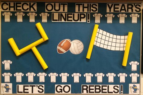 Fall Sports Bulletin Board Ideas, Sport Bulletin Boards, Volleyball Bulletin Board Ideas, New School Year Bulletin Board, Team Bulletin Board, Sports Bulletin Boards, Sports Classroom, Sports Theme Classroom, Library Bulletin Board