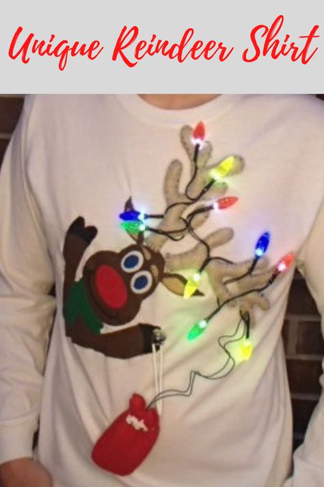 Reusable Wrapping Paper, Christmas Light Necklace, Reindeer Diy, Diy Christmas Shirts, Kids Clothes Diy, Diy Ugly Christmas Sweater, Diy Christmas Lights, Funny Image, String Of Lights