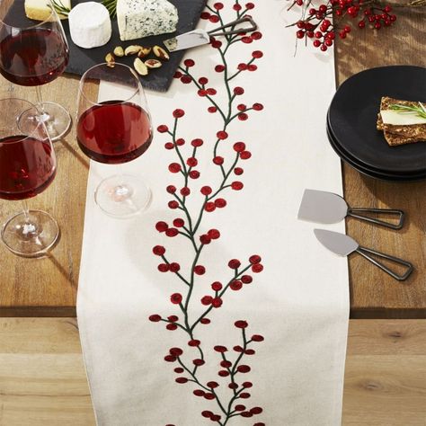 Free Shipping. Shop Holiday Berries 90" Embroidered Table Runner. A vine of delightful red berries embroiders our natural cotton flax table runner with a pop of seasonal color. Casual yet sophisticated, the placemat coordinates with matching placemat and napkin. Embroidery Table, Diy Christmas Table, Holiday Berries, Christmas Embroidery Patterns, Embroidered Table Runner, Fabric Paint Designs, Christmas Runner, Table Runner And Placemats, Table Runner Pattern