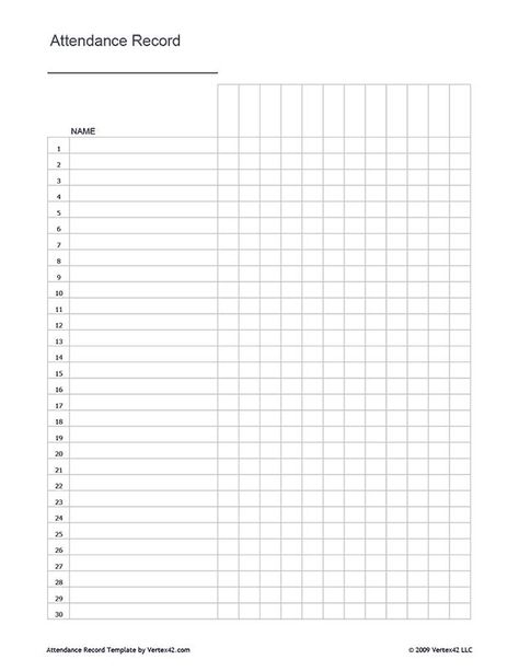 Free printable Attendance Record (PDF) from Vertex42.com Blank Attendance Sheet Free Printable, Free Attendance Sheet Printable, Attendance Chart Printable, Blank Charts Templates Free Printable, Attendance List, Attendance Register, Classroom Attendance, Attendance Chart, Attendance Tracker