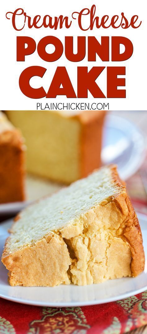 Cream Cheese Pound Cake - INCREDIBLE! So simple, yet so delicious! Butter, cream cheese, sugar, eggs, flour, vanilla. Serve with vanilla ice cream. Great for holiday meal dessert. Also makes a great homemade holiday gift! Cream Cheese Pound Cake Recipe, Pound Cake Recipes Easy, Cheese Pound Cake, Cream Cheese Desserts, Sour Cream Pound Cake, Cream Cheese Pound Cake, Cheese Dessert, Sugar Eggs, Holiday Meal