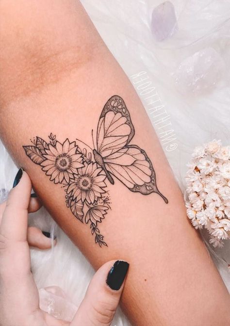 Butterfly Tattoo Sunflower, Butterfly With Cross Tattoo, Half Butterfly Half Sunflower Tattoo, Tattoo Butterfly Back, Butterfly Tattoos On Back, Tattoo Butterfly Hand, Butterfly And Sunflower Tattoo, Flying Butterfly Tattoo, Dark Butterfly Tattoo