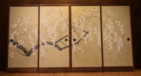 Fusuma doors #15 | 4 panel set of Fusuma doors ready for ins… | Flickr Folding Screens, Japanese Screen, Rubio Monocoat, Red Maple, Sakura Cherry Blossom, Folding Screen, Room Partition, Gold Silk, Hand Paint