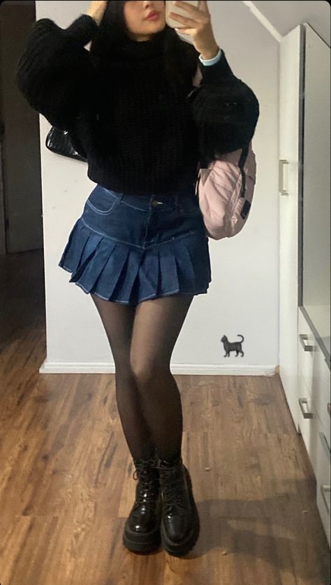 Winter Outfits With Corset, Tights With Denim Skirt, Ruffled Jean Skirt Outfits, Denim Mini Skirt Outfit Plus Size, Medium Denim Skirt Outfit, Denim Skirt Outfit Winter Tights, Dark Blue Skirt Outfit Ideas, Fall Jean Shorts Outfit, Black Jean Dress Outfit