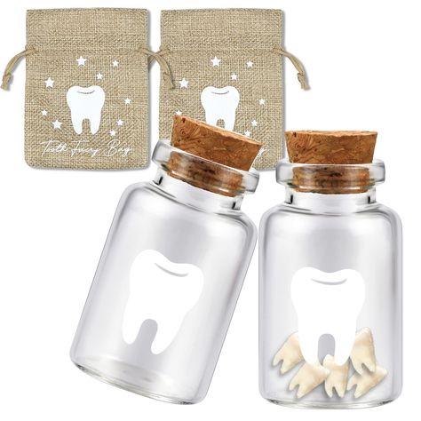 PRICES MAY VARY. KIT CONTENTS: In this adorable bundle, you'll receive 2 Tooth Fairy Burlap Bag and 2 Small Glass Containers; and comes with a cork stopper to make the magic happen with this Tooth Fairy bag and jar! What makes kids happier than seeing their own Tooth Fairy pouches and jars! Size Information: The size of the glass bottle is about 1.18" x 1.96" Capacity: 20ml; The size of the sack is about 3.14" x 3.93", the right size can meet your needs, protect teeth and can be stored for a lon Fairy Bottles, Small Glass Containers, Tooth Fairy Kit, Fairy Pouch, Fairy Kit, Tooth Fairy Bag, Kids Teeth, Cute Tooth, Small Glass Bottles