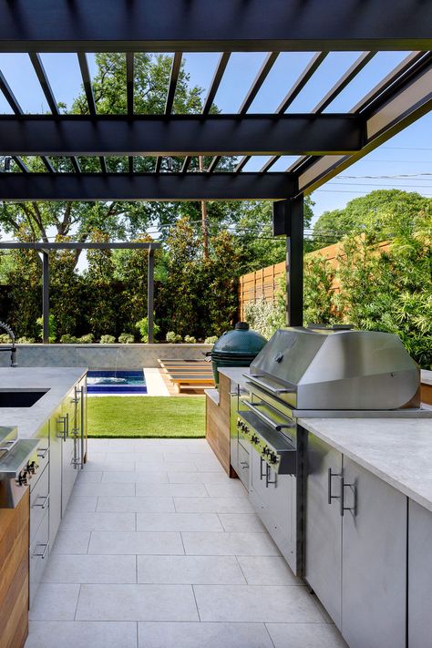 Stainless Steel Outdoor Kitchen Ideas, Grill Under Pergola, Galley Outdoor Kitchen, Outdoor Galley Kitchen, Industrial Outdoor Kitchen, Outdoor Kitchen Ideas Covered, Accent Wall Trends, Transitional Backyard, Backyard Kitchens