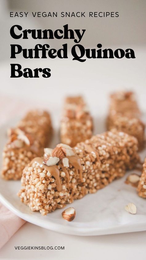 An easy way to make a healthy sweet snack bar with whole food plant-based ingredients. This Vanilla Cashew Puffed Quinoa Bar is a great alternative to Rice Krispie Treats, with nourishing ingredients that will keep you full and satisfied. One bowl, 5 ingredients, and no baking required! Puffed Quinoa Treats, Quinoa Bars Healthy, Puffed Quinoa Bars, Puffed Quinoa Recipes, Quinoa Treats, Quinoa Dessert, Rice Bars, Healthy Balls, Quinoa Desserts