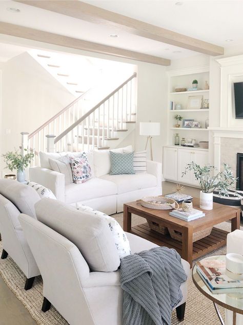 Open Concept Living Room, Stair Case, Design Salon, Coastal Living Rooms, Open Living Room, Coastal Living Room, Farmhouse Decor Living Room, White Furniture, Living Room Grey