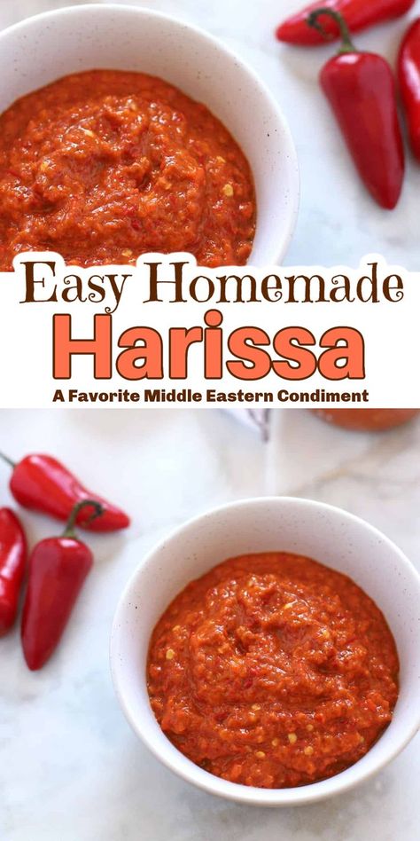 Bowls of sauce from red peppers with Pinterest overlay. Homemade Harissa, Harissa Recipe, Harissa Sauce, Harissa Recipes, Hot Sauce Recipes, Savory Dishes, Sweet Sauce, Spicy Sauce, Homemade Sauce