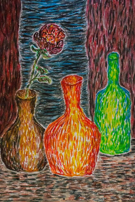 Oil pastels, Post-Impressionism by Marshlicious.deviantart.com on @DeviantArt Impressionism Art Easy Oil Pastel, Post Impressionism Art Easy, Oil Pastel Still Life, Pastel Impressionism, Cross Contour, Post Impressionism Art, Using Oil Pastels, Flower Painting Canvas, Oil Pastel Art