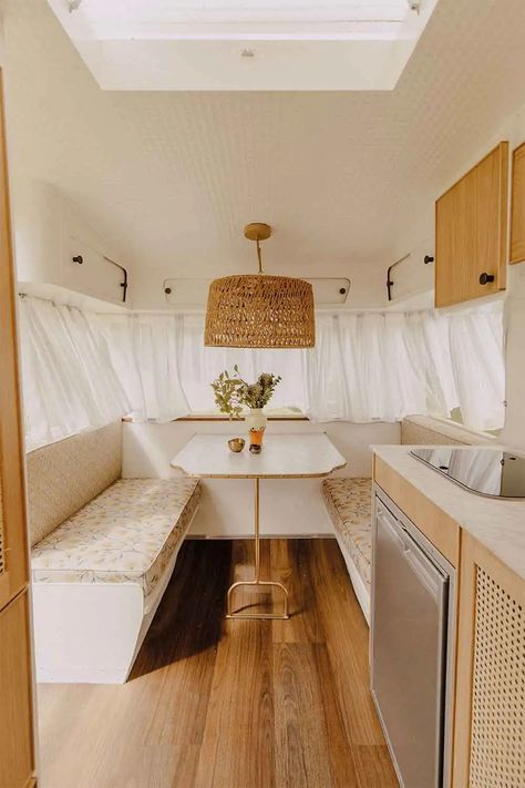 Take a tour through this vintage caravan renovation | Home Beautiful Husbil Makeover, Caravan Interior Makeover, Vintage Caravan Interiors, Caravan Vintage, Caravan Decor, Camping Vintage, Caravan Makeover, Airstream Interior, Caravan Renovation