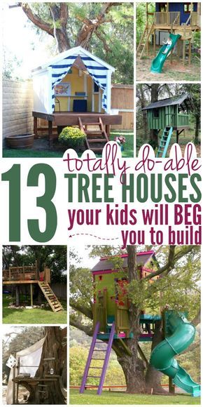 Great summer diy project - build a tree house for the kids! Here are 13 totally do-able tree houses your kids will beg you to build! Simple Tree House, Indoor Playhouse, Tree House Plans, Tree Fort, Tree House Diy, Summer Diy Projects, Tree House Kids, Cool Tree Houses, Simple Tree