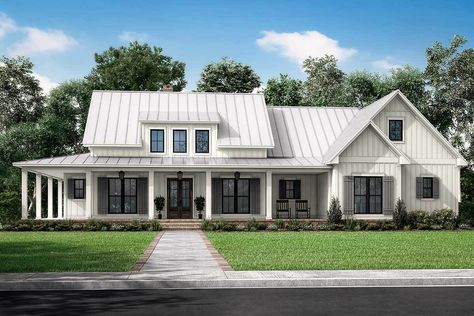 Modern 3-Bedroom 1-Story Farmhouse with 10'-Deep Wrap Around Porch and a Bonus Room (Floor Plan) Cottage Plans, Farmhouse Style House Plans, Farmhouse House, Farmhouse Plan, Wrap Around Porch, Up House, House Plans Farmhouse, Modern Farmhouse Plans, Farmhouse Exterior