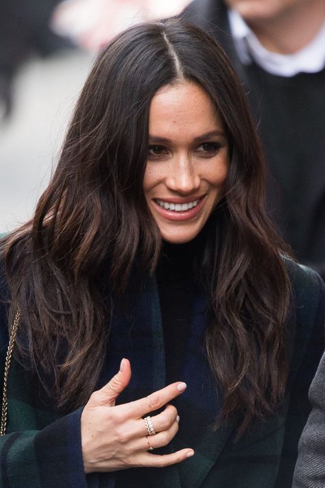 How to Get Meghan Markle’s Royal Hair Color, According to a Pro Meghan Markle Highlights, Level 5/6 Hair Color, Dark Brunette Hair Aesthetic, Meghan Markle Hair Color, Level 5 Hair Color Brown, Jessica Pearson Hair, Fall Long Hair Color Brunettes, Meghan Markle Aesthetic, Level 5 Brunette