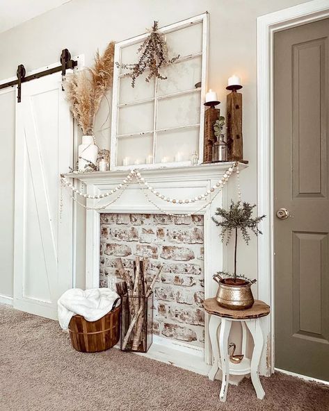 Wallpaper On Fireplace, Faux Mantle Ideas, Faux Foyer, Faux Mantle, Faux Fireplace Mantels, Fake Fireplace, Brick Backdrops, Faux Fireplace Diy, Fireplace Mantle Decor