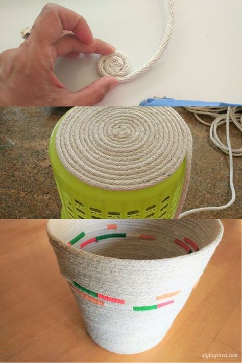 I was in need of a waste basket but wanted a budget friendly option. So I created my very own diy rope basket from scratch. All you need is some rope, a glue gun and a ton of patience! #diy #hometalk #rope #bin Bathroom Waste Basket Ideas, Diy Waste Basket, Sew Rope Basket, Rope Laundry Basket, Bathroom Waste Basket, Diy Rope Basket, Mesh Wreath Tutorial, Rope Baskets, Pine Needle Baskets