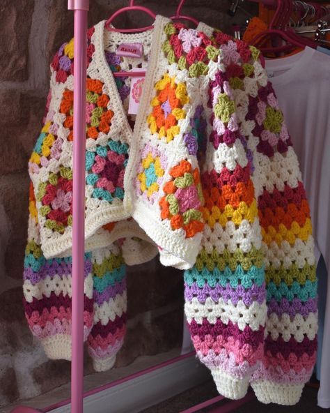 Realm Designs on Instagram: “Happy Saturday 🌈💖 A couple of granny squares and stripes cardigans looking pretty ready to be sent to their new homes!” How To Crochet Granny Square Cardigan, Crochet Granny Square Cardigans, Granny Squares Projects, Things To Do With Granny Squares, Granny Stripe Cardigan, Granys Square, What To Do With Granny Squares, Granny Square Ideas Projects, Things To Make With Granny Squares