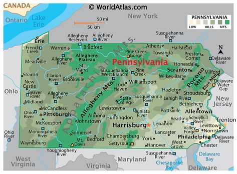 Map Of Pennsylvania, America Outline, Usa Maps, Pennsylvania Map, Bob Rock, Delaware Water Gap, Susquehanna River, Pennsylvania Travel, World Atlas