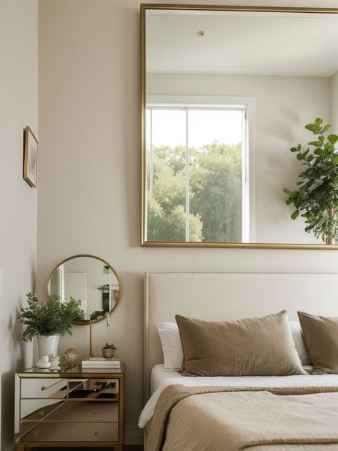 Create a serene atmosphere with a large landscape art piece above the bed. Add a touch of elegance with a gold-framed mirror and accent the room with potted plants for a natural and calming vibe. Mirror Above Bed, Above Bed, Bedroom Art, The Room, Landscape Art, Potted Plants, Mirror, Bedroom, Bed