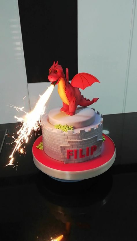 Dragon Castle Cake, Red Dragon Cake, Dragon Themed Cake, Dragon Cake Ideas Simple, Dragon Bday Party, Dragon Cupcake Cake, Dragon Party Ideas For Kids, Dragon Cakes For Kids, Dragon Theme Cake