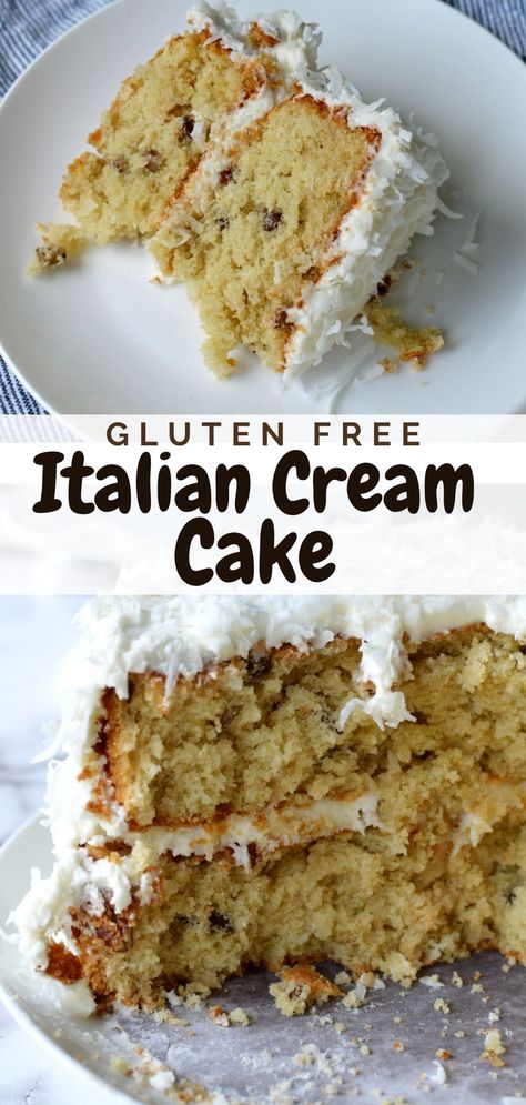 a slice of italian cream cake Gluten Free White Velvet Cake, Gluten Free Christmas Bundt Cake, Gluten Free Sour Cream Cake, The Best Gluten Free Cake, Gluten Free Torte, Gluten Free Cream Cheese Recipes, Gf Coconut Cake, Gluten Free Italian Cream Cake Recipe, Gluten Free Coconut Cake Recipe