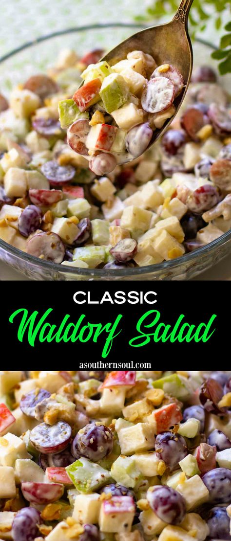 Crisp apples, juicy grapes along with crunchy celery, and walnuts are tossed in a creamy dressing to make a classic recipe that’s super delicious! Waldorf Salad is a perfect side dish to serve any time of the year and is ideal for covered dish suppers, potlucks, or whenever you’re feeding a crowd. Apple Waldorf Salad, Waldorf Salad Recipe, A Southern Soul, Apple Salad Recipes, Salads For A Crowd, Waldorf Salad, Grape Salad, Fruit Salads, Apple Salad