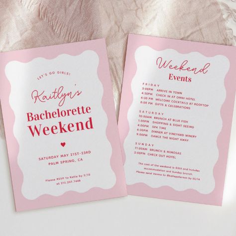 Pink and Red Wavy Bachelorette Weekend Itinerary Invitation Bach Itinerary, Bachelorette Card, Itinerary Invitation, Retro Bachelorette, Pink Bachelorette Party, Bachelorette Weekend Itinerary, Invitations Pink, Pink Bachelorette, Bachelorette Itinerary