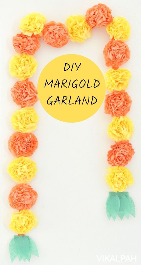 DIY Marigold garland from tissue paper flowers Diy Halloween Decorations Tissue Paper, Diy Paper Marigold Flower, Tissue Flower Garland, Paper Marigold Garland Diy, Marigold Wreath Diy, Diy Marigold Flowers Tissue Paper, Marigold Tissue Paper Flowers, Marigold Craft For Kids, Wrapping Paper Flowers Diy