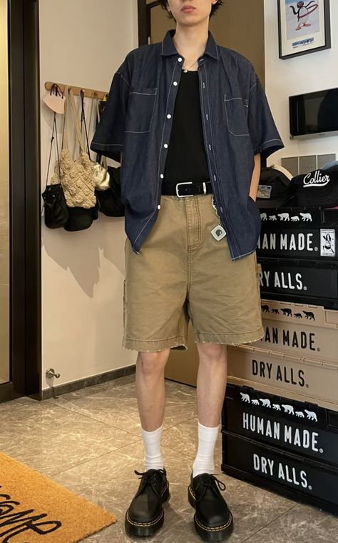 Short Men Outfit Ideas Summer, Funky Summer Outfits Street Style, Transmasc Fashion Summer, Coquette Men Outfit, Jorts Outfit Idea Men, Jorts Mens Outfits, Grandpa Fashion, Aesthetic Male Outfits, Retro Summer Outfits