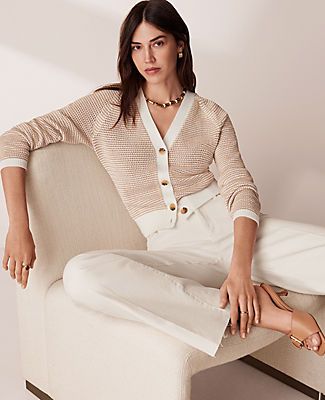 In a finely textured stitch, our V-neck cardigan flatters in a comfortable wedge silhouette. V-neck. Long raglan sleeves. Button front. Ribbed cuffs and hem.,Imported:Imported,Fit:Softly fitted,Length:21" long,Fabrication:51% Cotton, 24% Modal, 19% Polyester, 6% Nylon,Garment Care:Machine Washable Textured Stripe V-Neck Wedge Cardigan by Ann Taylor Size regular - XL Tan/White Women's Cotton, Blend, Other, Cardigan, Sweaters, 51%, Cotton, 24%, Modal, 19%, Polyester, 6%, Nylon, Machine, Washable Elevated Business Casual, Work Cardigan Outfit, Petite Hourglass Figure, Women Over 40 Fashion, Petite Fashion Over 50, Ann Taylor Outfit, Hourglass Figure Outfits, Susi Rejano, Chic Style Outfits