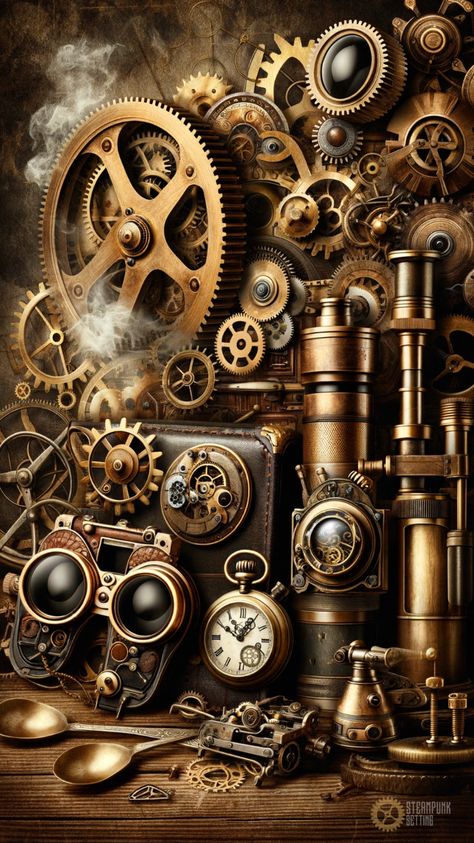 Discover the allure of steampunk in this montage featuring vintage gears, brass elements, and Victorian machinery fused with futuristic tech. Perfect for enthusiasts of this unique, time-blending art style. Steam Punk Gadgets, Steampunk 3d Art, Steampunk Aesthetic Wallpaper, Victorian Machinery, Victorian Steampunk Aesthetic, Aesthetic Steampunk, Steam Punk Gears, Steampunk Background, Steampunk Wallpaper