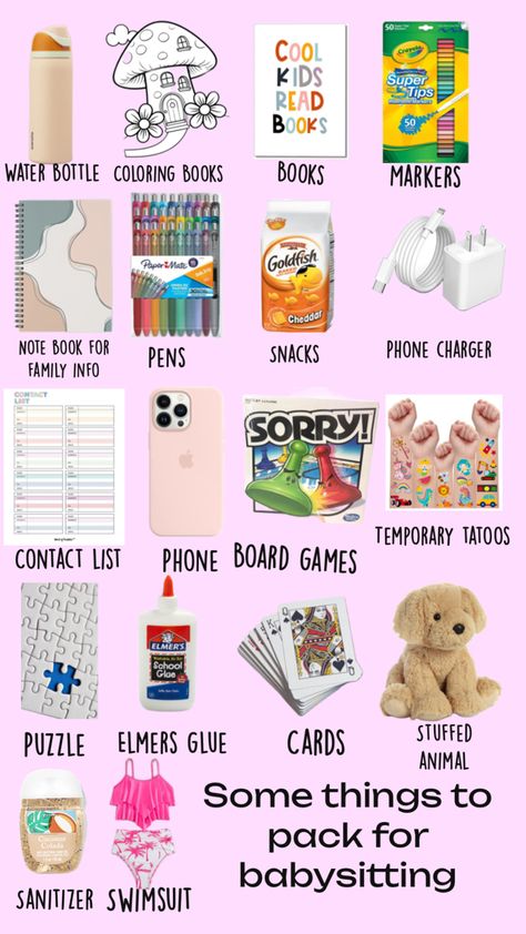 Have fun!!! Babysitter Checklist, Babysitting Bag, Babysitting Hacks, Babysitting Kit, Babysitting Flyers, Diy Coloring Books, School Emergency Kit, School Backpack Essentials, Babysitting Activities