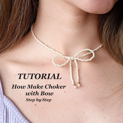 Beaded Bow Necklace Tutorial, Beaded Bow Tutorial, Bow Necklace Tutorial, Bow Necklace Diy, Bow Step By Step, Beaded Bow Necklace, Coquette Necklace, Diy Necklaces Tutorial, Beaded Chocker