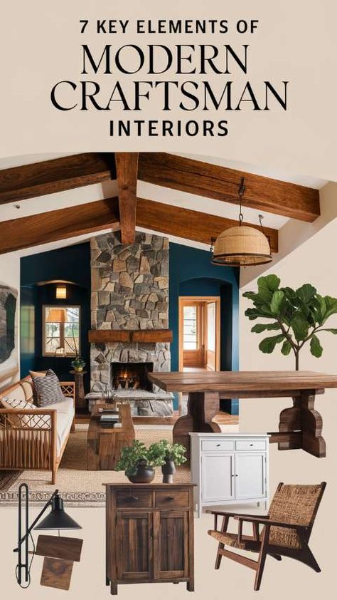 7 Key Elements of Modern Craftsman Interiors Modern Shaker Living Room, Interior Craftsman Paint Colors, Washington Interior Design, Craftsman Transitional Interior, Mission Style Interior Design, Scandinavian Craftsman Interior, Dark Craftsman Interior, Rustic Mission Style, Modern Craftsman House Interior Design