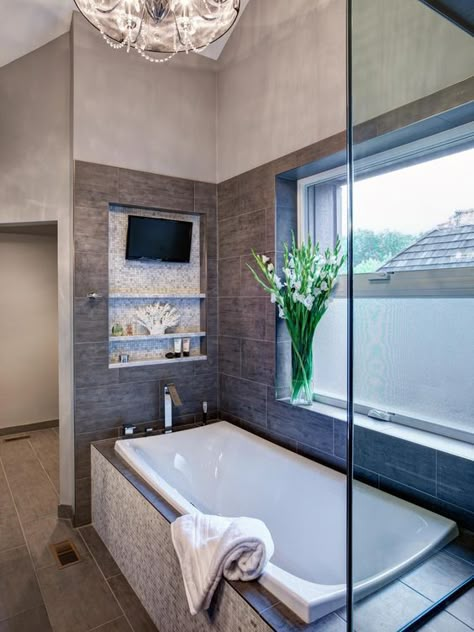 tv in bathroom, bathtub with tv Two Person Bathtub, Luxurious Bathtubs, Luxury Bathtub, Tv In Bathroom, Neutral Bathroom, Bathroom Retreat, Bathtub Remodel, Bad Inspiration, Dream Bathrooms