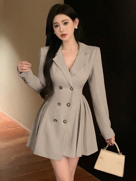 Lapel Collar Double-Breasted Long Sleeve Suit Dress Khaki Elegant  Long Sleeve Fabric Plain Shirt Non-Stretch Spring/Fall Women Clothing, size features are:Bust: ,Length: ,Sleeve Length: Oufits Casual, Ribbed Knit Top, Khaki Dress, Plain Shirts, Stripe Skirt, Western Dresses, Striped Blouse, Fashion Online Shop, Set Dress