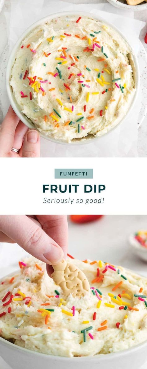 Funfettip dip is made with funfetti cake mix, whipping cream, cream cheese, and sprinkles for the ultimate dessert dip! Sprinkle Fruit Dip, Funfetti Fruit Dip, Funfetti Cream Cheese, Funfetti Dip Recipe, Cake Mix Cream Cheese, Funfetti Dip, Cream Cheese Whipped Cream, Cake Batter Dip, Cream Cheese Fruit Dip