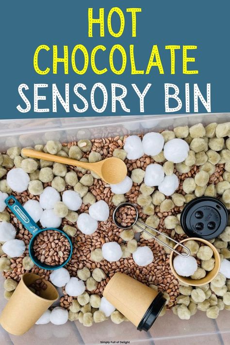 hot chocolate sensory play - a fun hot cocoa sensory bin Hot Chocolate Sensory, Hot Cocoa Sensory Bin, Winter Sensory Play, Chocolate Activities, Winter Sensory Bin, Winter Sensory, Preschool Cooking, Toddler Sensory Bins, Winter Theme Preschool