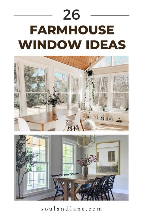 Illuminate your home with rustic light through farmhouse window ideas designed to brighten your interior and bring the outdoors in. Think large, open windows adorned with light, breezy curtains or no coverings at all to maximize natural light. Explore the charm of traditional barn-style windows, modern farmhouse designs with clean lines, or classic casement windows with a rustic twist. Incorporate window seats or plant shelves to create cozy nooks and add greenery. These farmhouse window concept Modern Farmhouse White Windows, Choosing Windows For New Home, Farmhouse Kitchen Windows, Windows Modern Farmhouse, Prairie Windows, Modern Farmhouse Windows, Breezy Curtains, Prairie Style Windows, Windows Modern