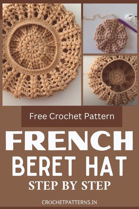 French Beret Hat Crochet Pattern For Autumn Leaf Peepers Crochet French Beret Free Pattern, French Hat Pattern, Crochet Beret Free Pattern, Crochet Berets, Beret Hat Crochet, France Hat, Crochet Beret Hat, Beret Hat Pattern, French Crochet