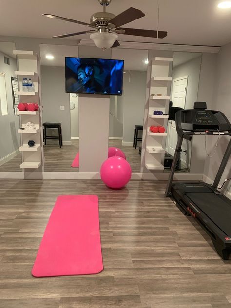 Hvac Room Storage, Cute Workout Rooms Home Gyms, Home Workout Room Aesthetic, Garage Into Workout Room, Cute At Home Gym Ideas, I’m Home Gym Ideas, Home Gym Ideas For Women, Home Gym Goals, Home Gym Tv Ideas