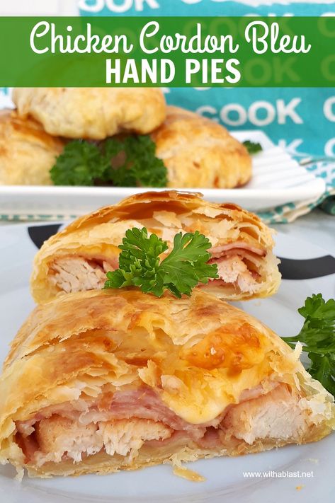 Easy recipe for this popular Chicken Cordon Bleu served as a a Hand Pie (Hot Pocket). Gooey Cheese, Ham and Chicken all enveloped in flaky Fuff-Pastry